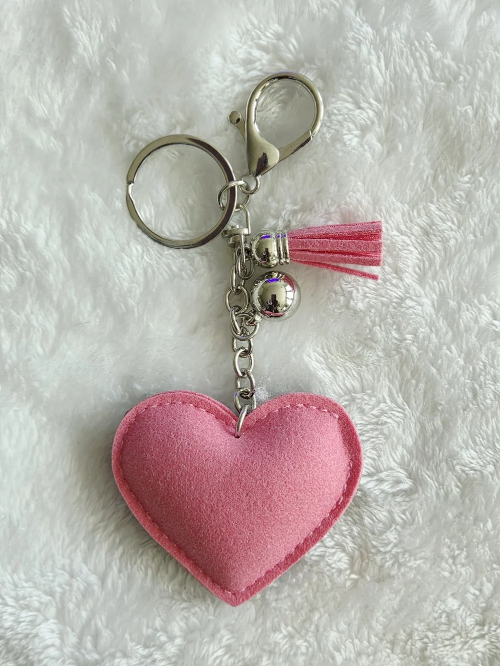 Pink Polka Dot Heart Keychain with Tassel Bling Bag Charm